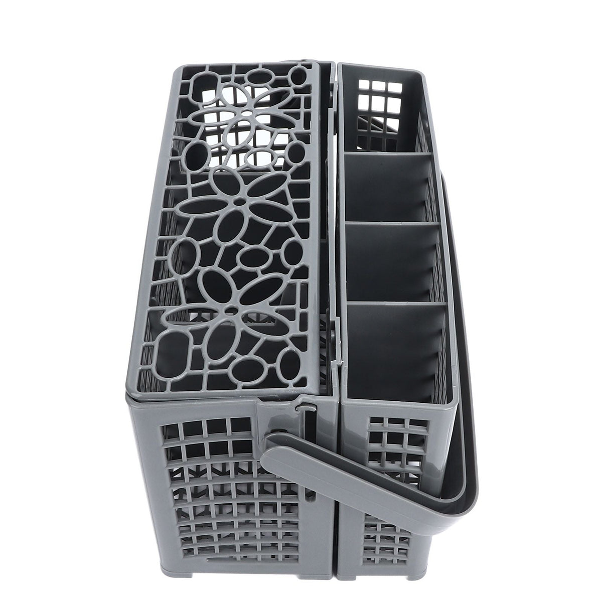 Dishwasher Silverware Basket in dark gray ABS plastic with two hinged sections, divided compartments and perforated sides