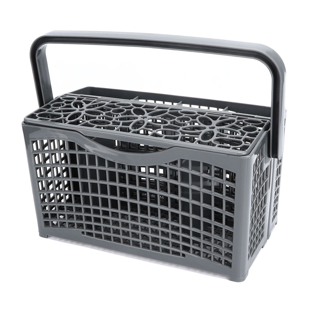 Dishwasher Silverware Basket in dark gray ABS plastic, with a tall carry handle and divided top compartments