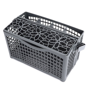 Dishwasher Silverware Basket in dark gray plastic, with a grid body, divided compartments, perforated top and side handle