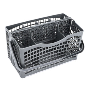 Dishwasher Silverware Basket in dark gray plastic, with a perforated grid body, divided compartments and a removable insert