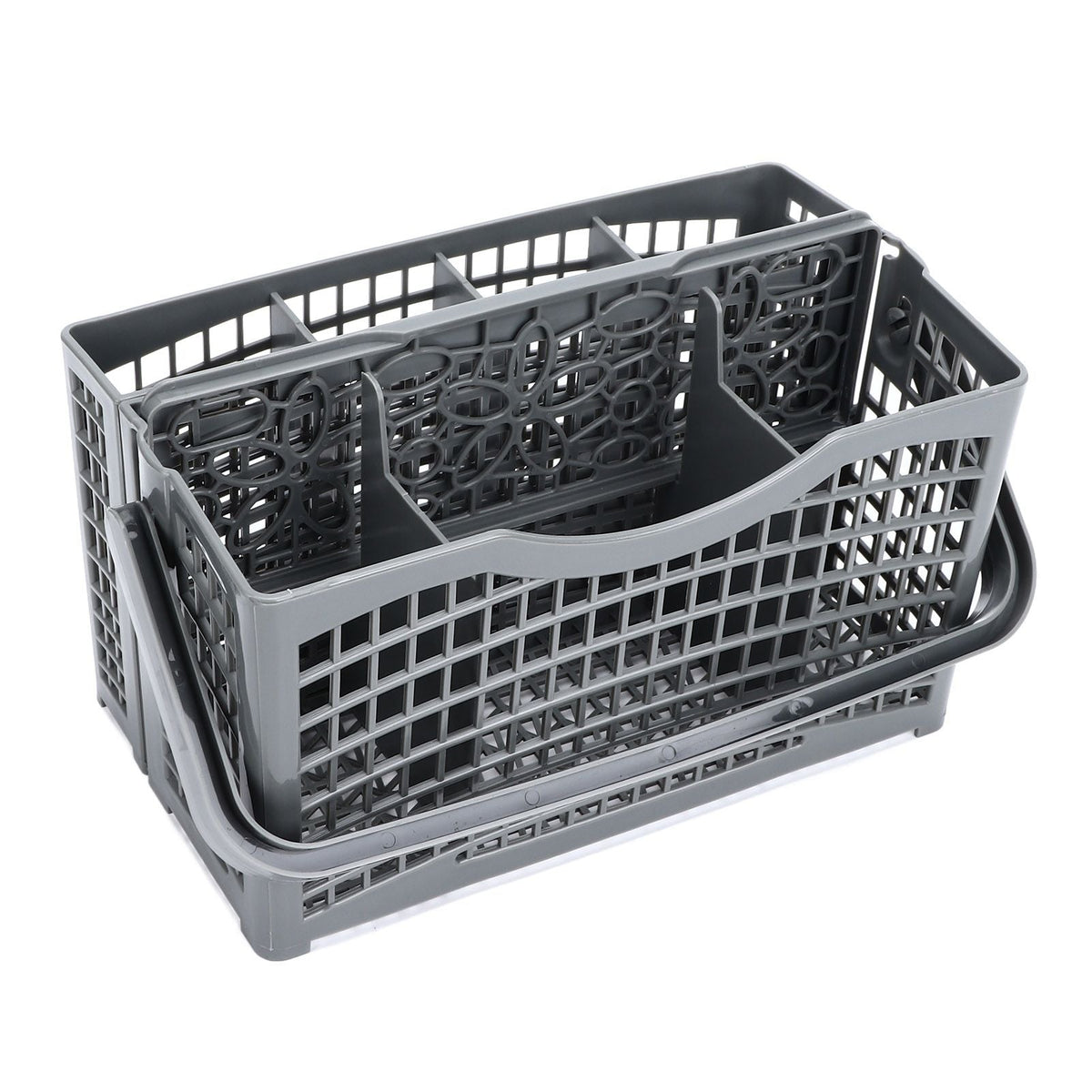 Dishwasher Silverware Basket in dark gray plastic, with a perforated grid body, divided compartments and a removable insert