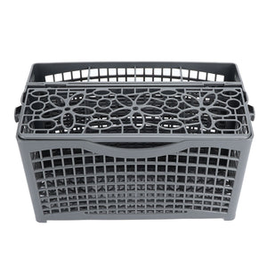 Dishwasher Silverware Basket in dark gray ABS plastic with a perforated grid body, divided lid and built-in handle
