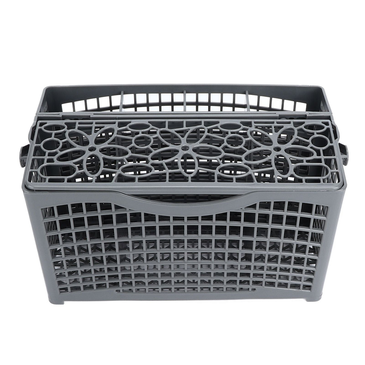 Dishwasher Silverware Basket in dark gray ABS plastic with a perforated grid body, divided lid and built-in handle