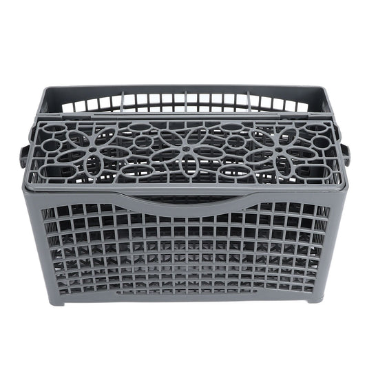 Dishwasher Silverware Basket in dark gray ABS plastic with a perforated grid body, divided lid and built-in handle