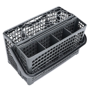 Dishwasher Silverware Basket in dark gray plastic, with a perforated lattice body, divided compartments, and a hinged lid