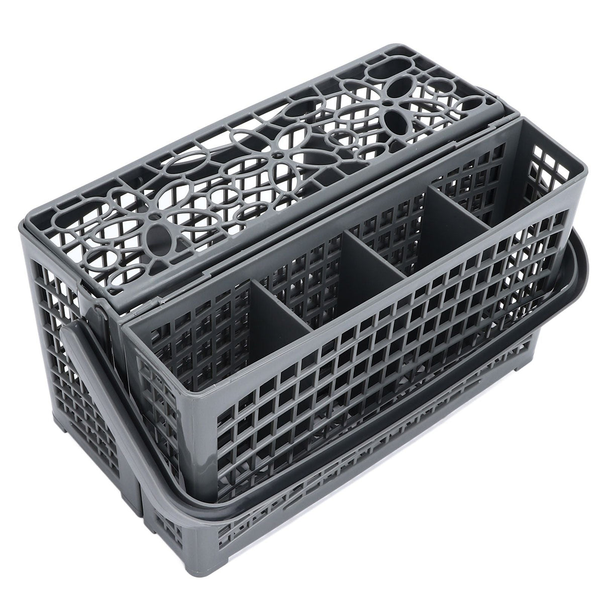 Dishwasher Silverware Basket in dark gray plastic, with a perforated lattice body, divided compartments, and a hinged lid