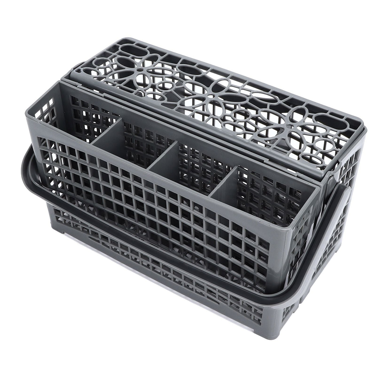 Dishwasher Silverware Basket in dark gray plastic with divided compartments, a perforated grid body, and a slotted lid
