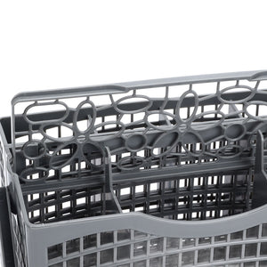 Dishwasher Silverware Basket in dark gray plastic with seven divided compartments, open lattice sides, and a built-in handle