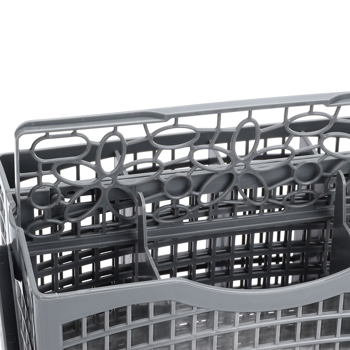 Dishwasher Silverware Basket in dark gray plastic with seven divided compartments, open lattice sides, and a built-in handle