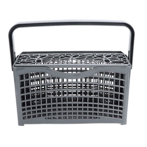 Dishwasher Silverware Basket in dark grey plastic with a lattice body, patterned top, seven compartments and raised handle