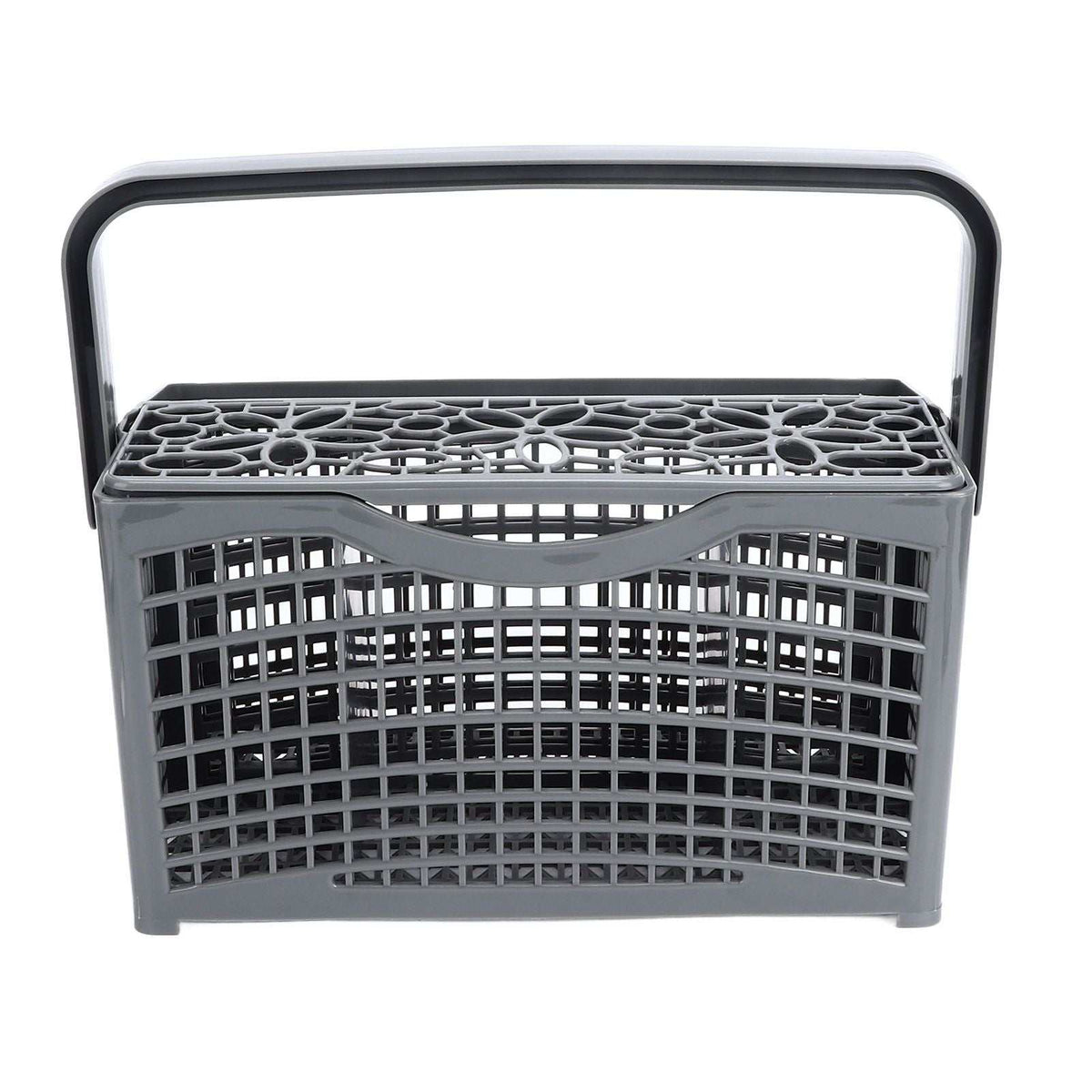 Dishwasher Silverware Basket in dark grey plastic with a lattice body, patterned top, seven compartments and raised handle