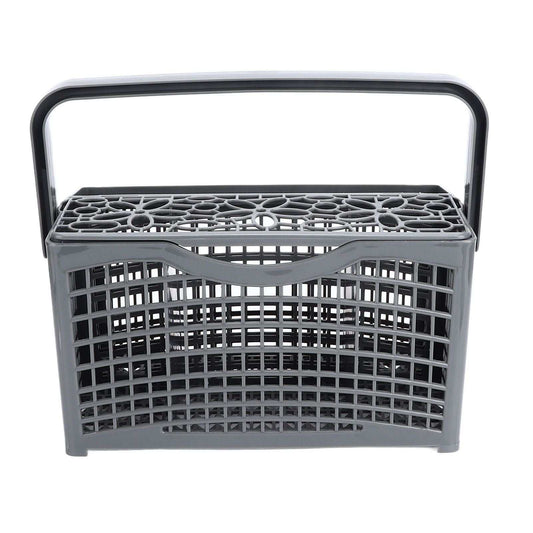 Dishwasher Silverware Basket in dark grey plastic with a lattice body, patterned top, seven compartments and raised handle