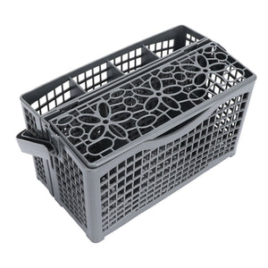 Dishwasher Silverware Basket in dark gray ABS plastic, with perforated sides, divided compartments and a patterned hinged lid