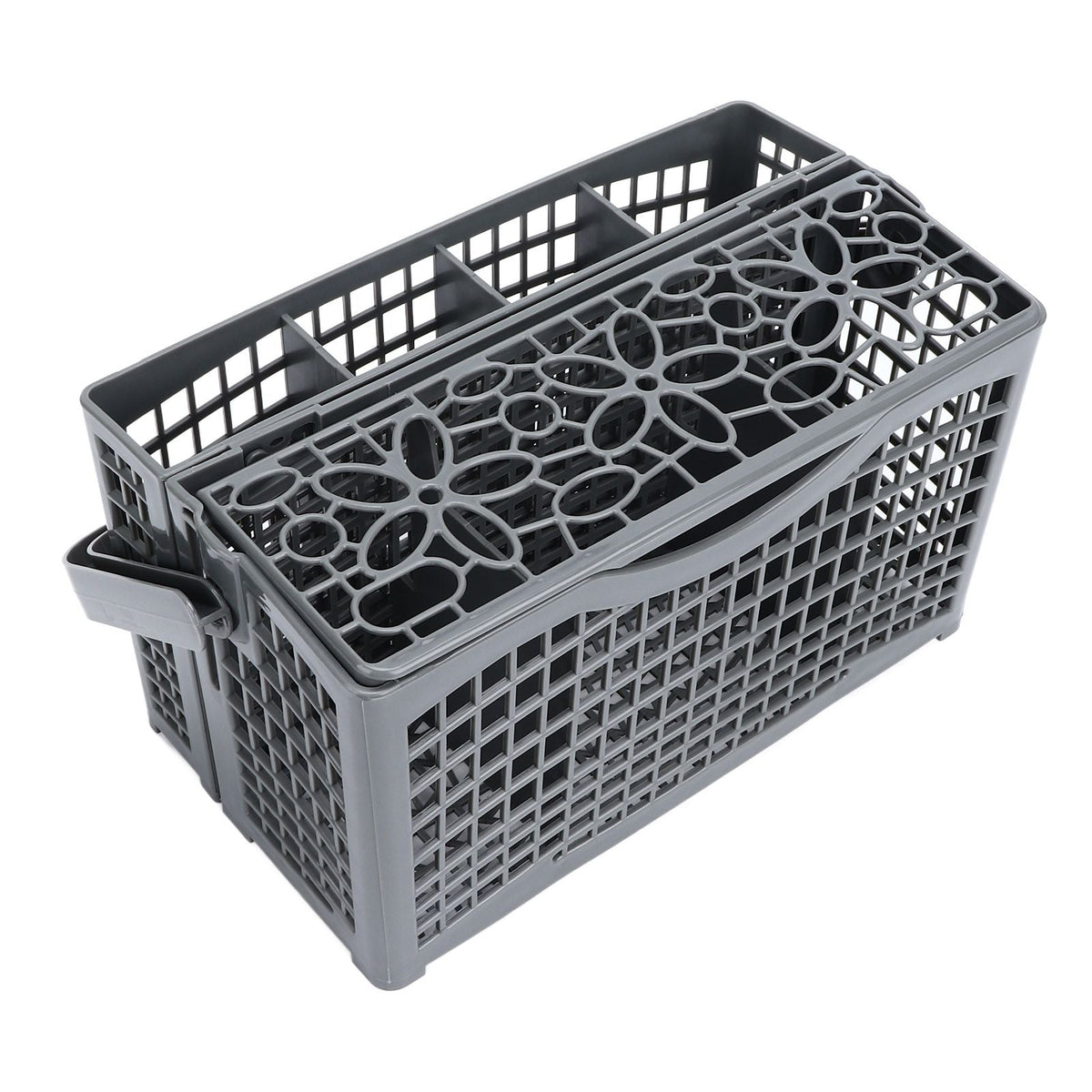 Dishwasher Silverware Basket in dark gray ABS plastic, with perforated sides, divided compartments and a patterned hinged lid