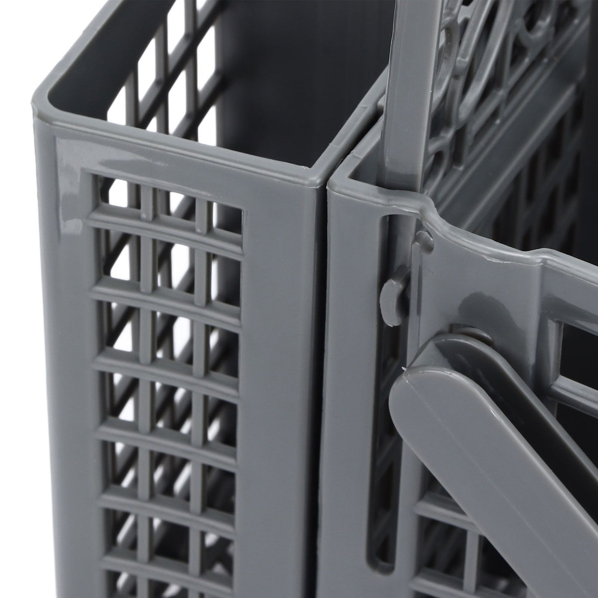 Dishwasher Silverware Basket in gray ABS plastic with a divided open-grid design and hinged side panel