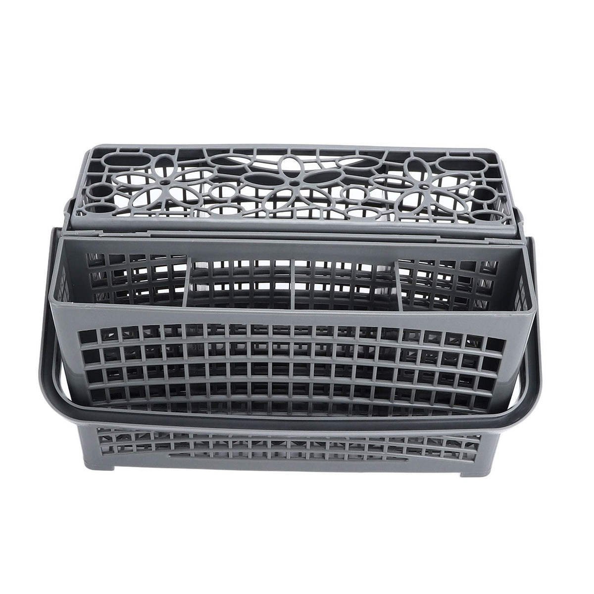 Dishwasher Silverware Basket in dark gray ABS plastic, with a grid design, removable top compartment and sturdy side handles