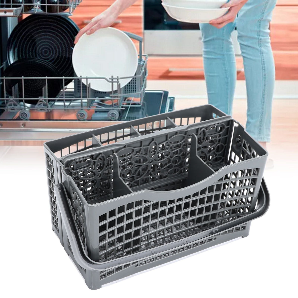 Dishwasher Silverware Basket in dark gray plastic with divided compartments, perforated sides, and a built-in handle
