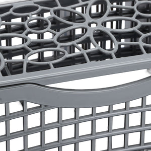 Dishwasher Silverware Basket in gray plastic with a grid-patterned body and open top featuring oval cutlery holders