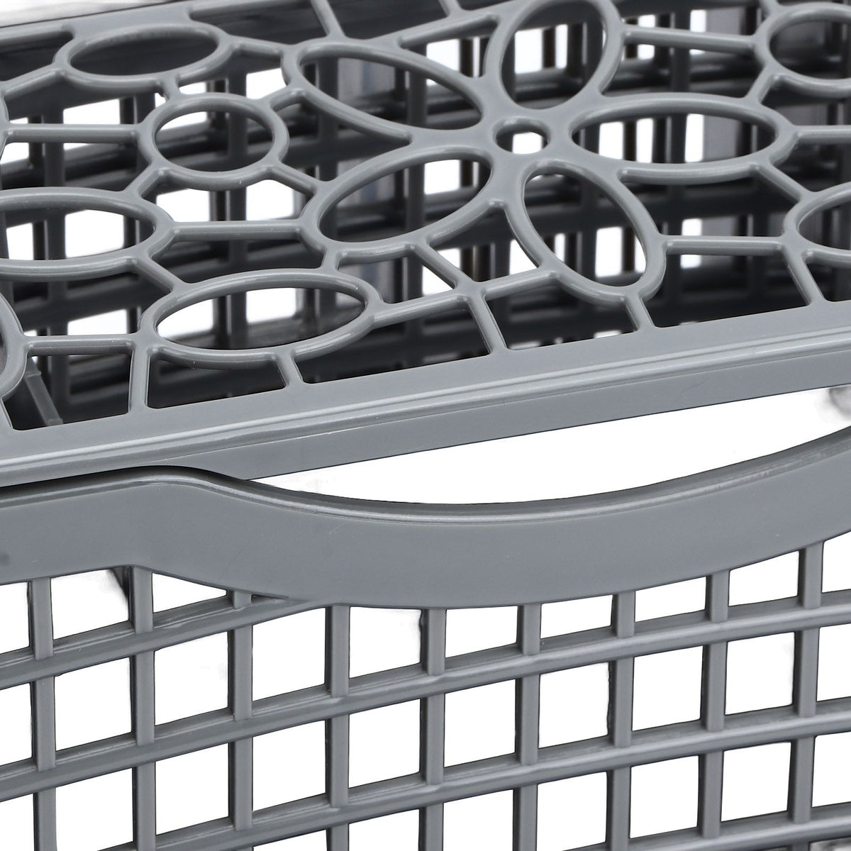 Dishwasher Silverware Basket in gray plastic with a grid-patterned body and open top featuring oval cutlery holders