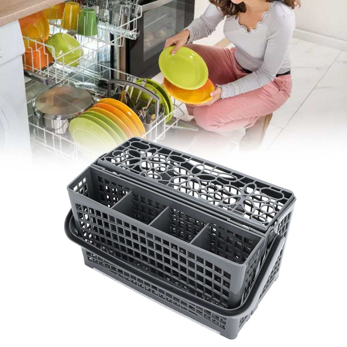 Dishwasher Silverware Basket in dark gray plastic, with seven divided compartments, perforated sides and a removable grid lid