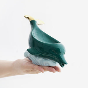 Dolphin Ceramic Soap Box in glossy dark teal ceramic, shaped like a dolphin with a pale cream snout and wavy base