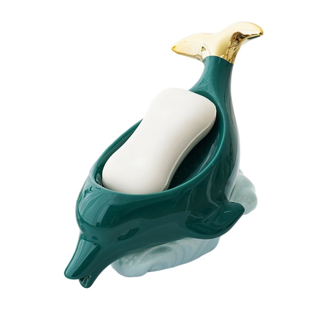 Dolphin Ceramic Soap Box in glossy teal ceramic, sculpted dolphin holding a white soap bar with a gold-toned tail