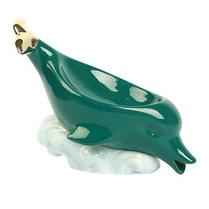Dolphin Ceramic Soap Box, glossy teal ceramic dolphin dish with a pale aqua wave-shaped base and drainage grooves