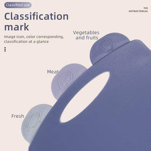 Double-Sided Antibacterial Kitchen Chopping Board Set with a blue-grey plastic board and raised food-category tabs for vegetables, meat and fish