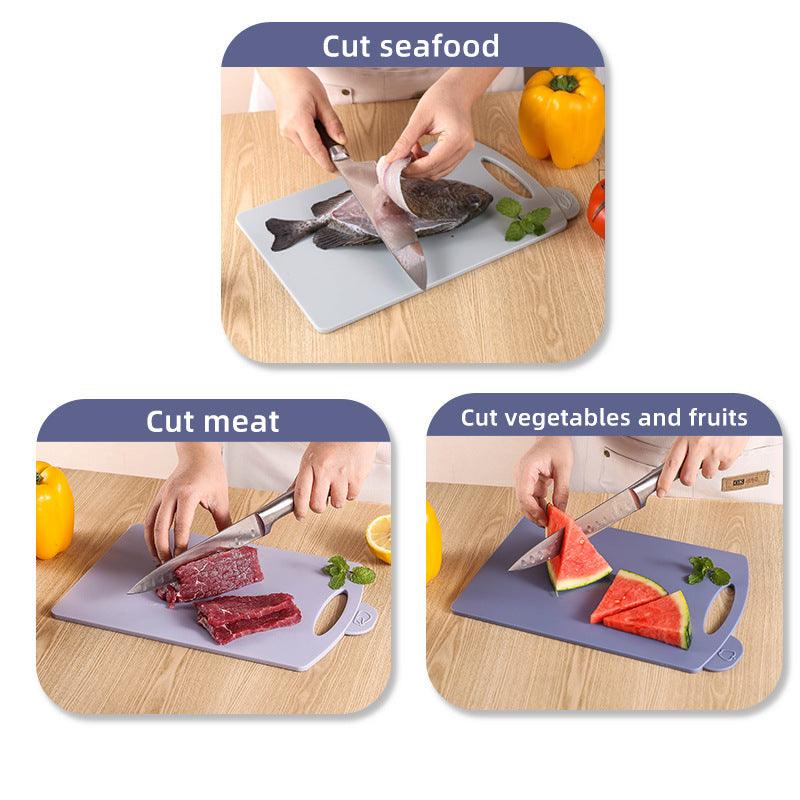 Double-Sided Antibacterial Kitchen Chopping Board Set with grey boards and food-specific tabs for seafood, meat, and vegetables
