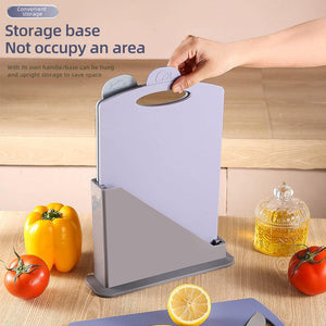 Double-Sided Antibacterial Kitchen Chopping Board Set with three pastel grey boards, food icons and a storage stand