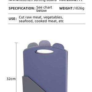 Double-Sided Antibacterial Kitchen Chopping Board Set with purple and grey PP boards, food-category tabs and storage stand
