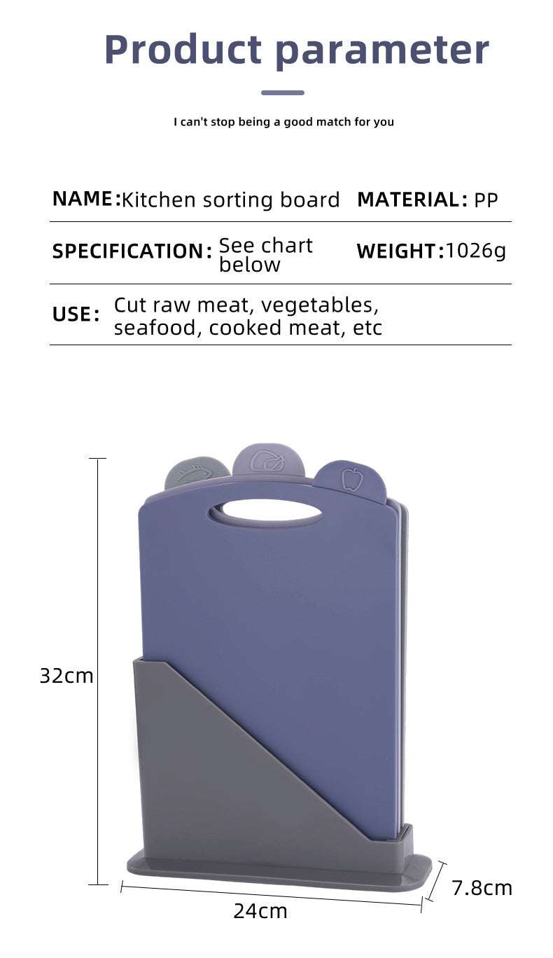 Double-Sided Antibacterial Kitchen Chopping Board Set with purple and grey PP boards, food-category tabs and storage stand