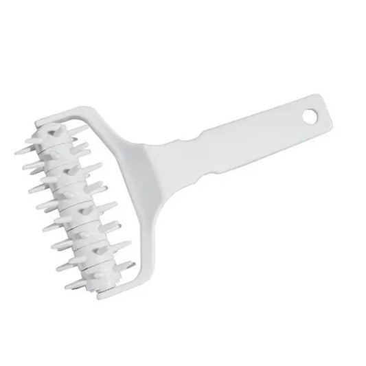 Dough Docker Prevent Blistering roller in white plastic with dense rows of pointed pins and a hanging-hole handle