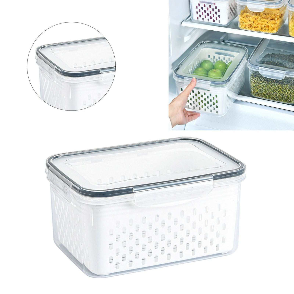 Drain Storage Basket Box with a clear rectangular body, white perforated inner basket and transparent lid with grey trim