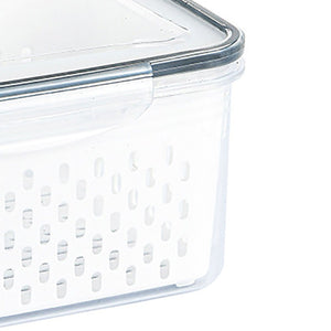 Drain Storage Basket Box in clear plastic with a perforated inner basket and fitted lid for draining produce