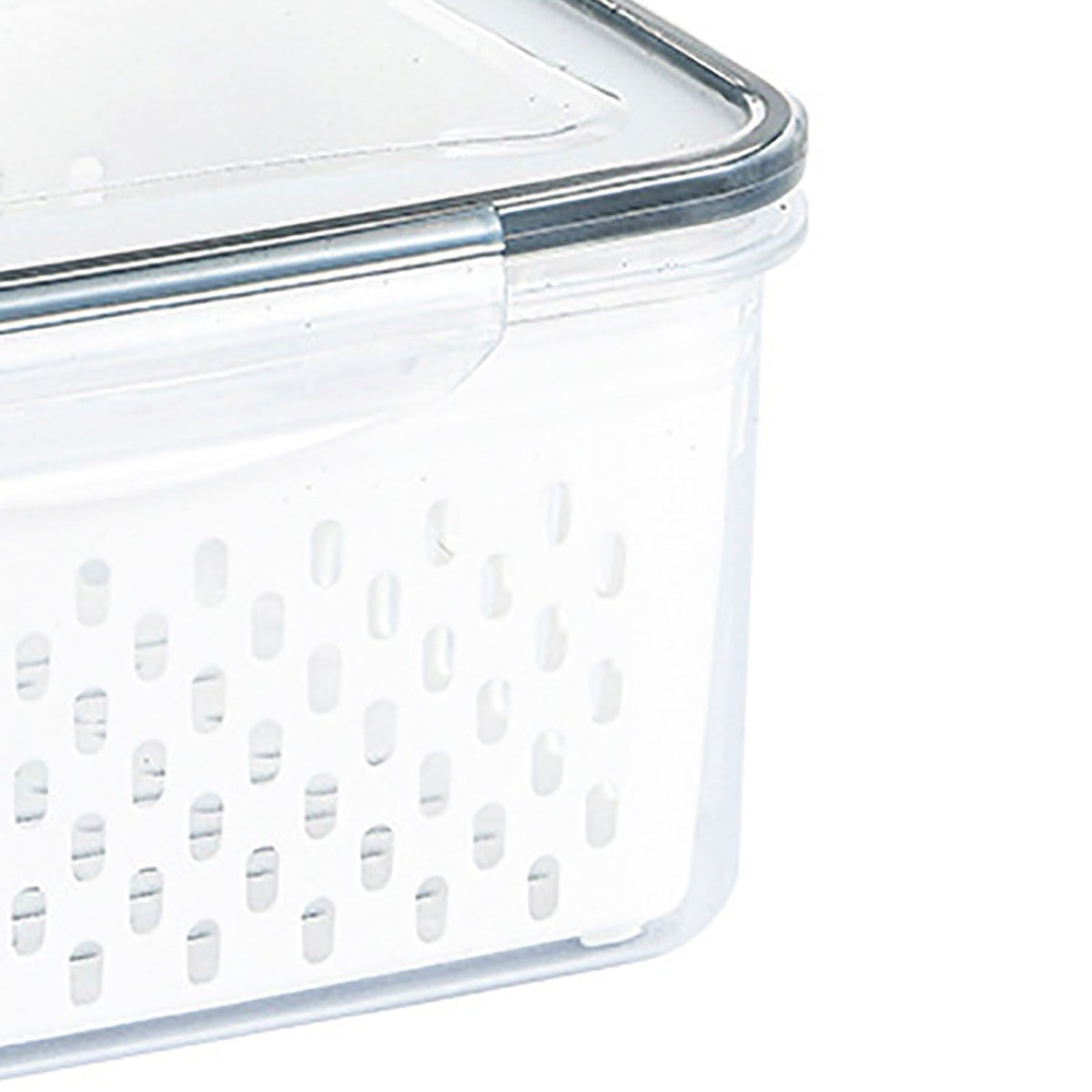 Drain Storage Basket Box in clear plastic with a perforated inner basket and fitted lid for draining produce