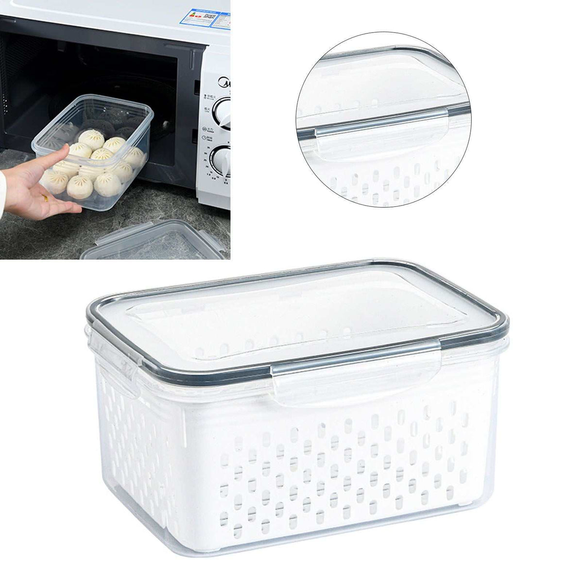 Drain Storage Basket Box in clear PP with a fitted grey-edged lid and perforated draining basket insert.