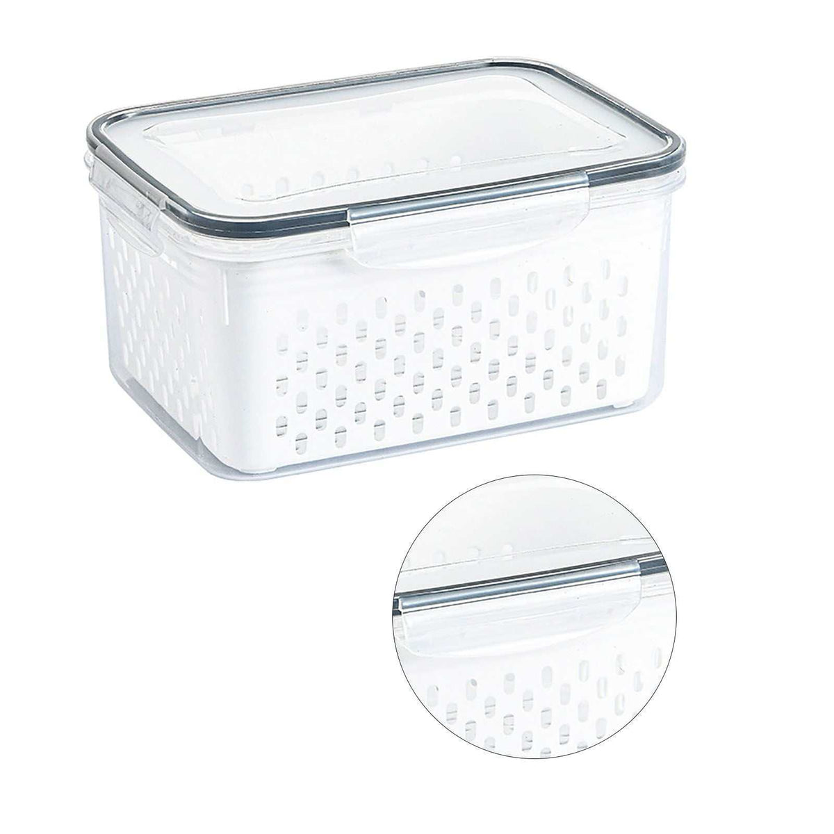 Drain Storage Basket Box with a clear plastic container, white perforated draining insert and fitted transparent lid.