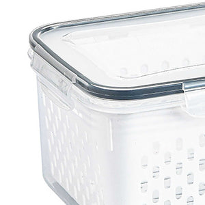 Drain Storage Basket Box made from clear plastic, with a fitted lid, perforated sides and a built-in draining basket