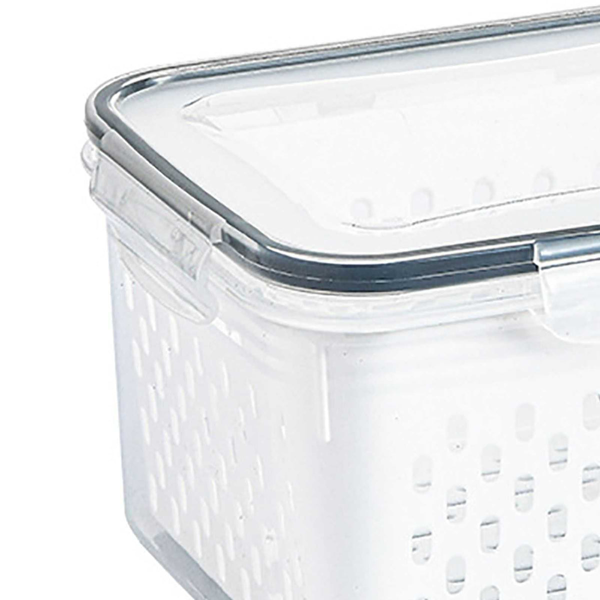 Drain Storage Basket Box made from clear plastic, with a fitted lid, perforated sides and a built-in draining basket
