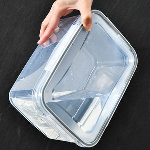 Drain Storage Basket Box in clear plastic with a fitted lid and removable inner draining basket for produce storage