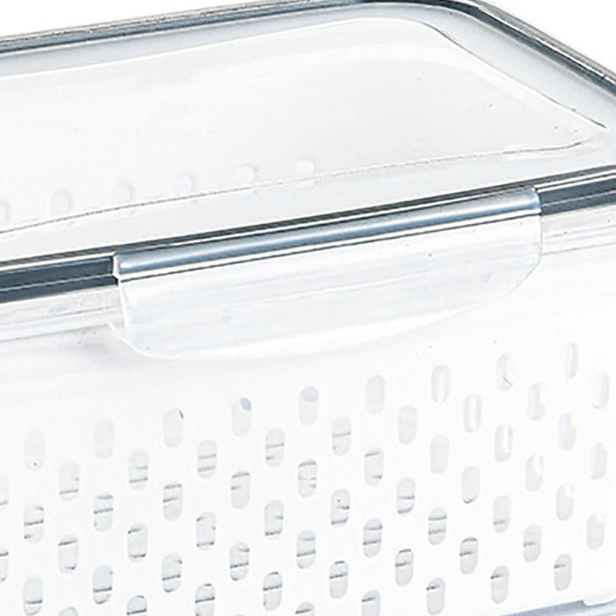Drain Storage Basket Box in clear transparent plastic with a fitted lid and perforated sides for draining produce