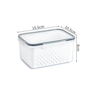 Drain Storage Basket Box in clear plastic with a fitted lid and perforated sides for draining and storing produce.