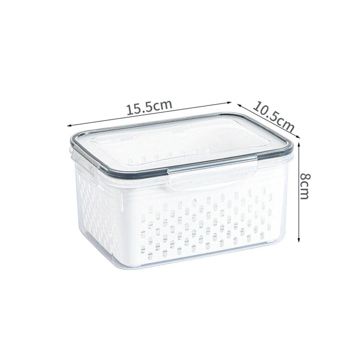 Drain Storage Basket Box in clear plastic with a fitted lid and perforated sides for draining and storing produce.