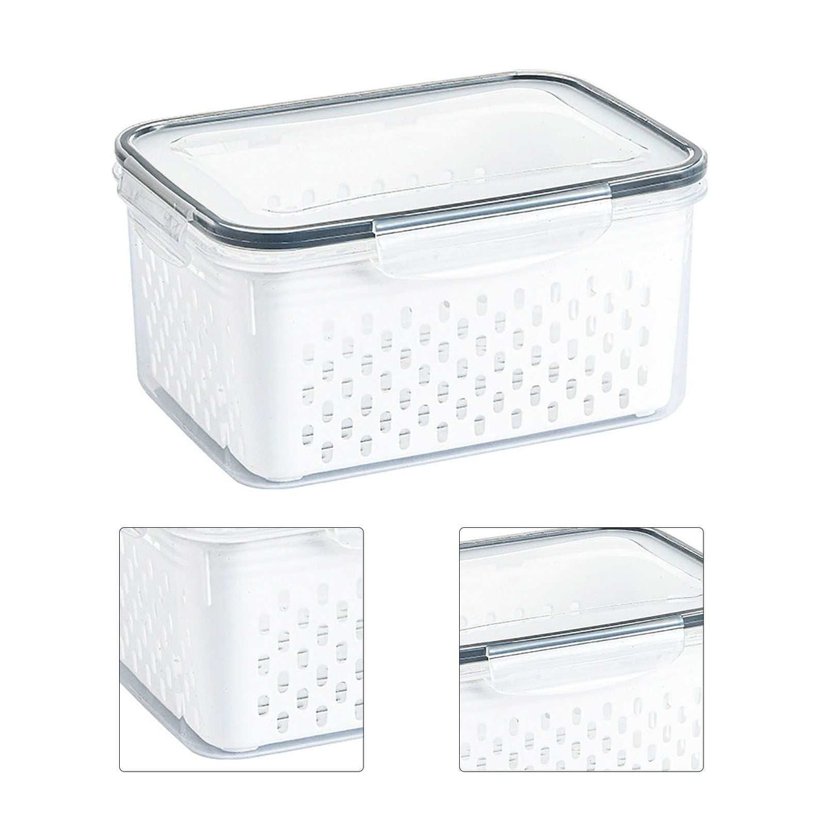 Drain Storage Basket Box with a clear plastic body, white perforated inner basket, and transparent fitted lid with dark seal