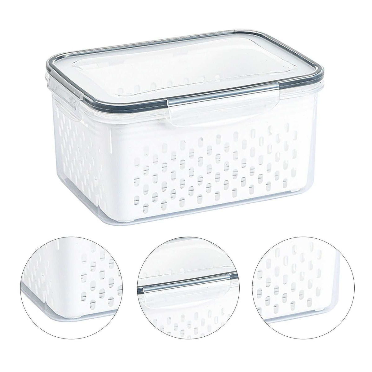 Drain Storage Basket Box in clear transparent plastic with a fitted lid, perforated inner basket and drainage holes