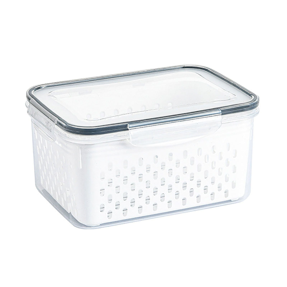 Drain Storage Basket Box in clear transparent plastic with a fitted lid, white perforated inner basket and gray rim