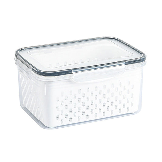 Drain Storage Basket Box in clear transparent plastic with a fitted lid, white perforated inner basket and gray rim