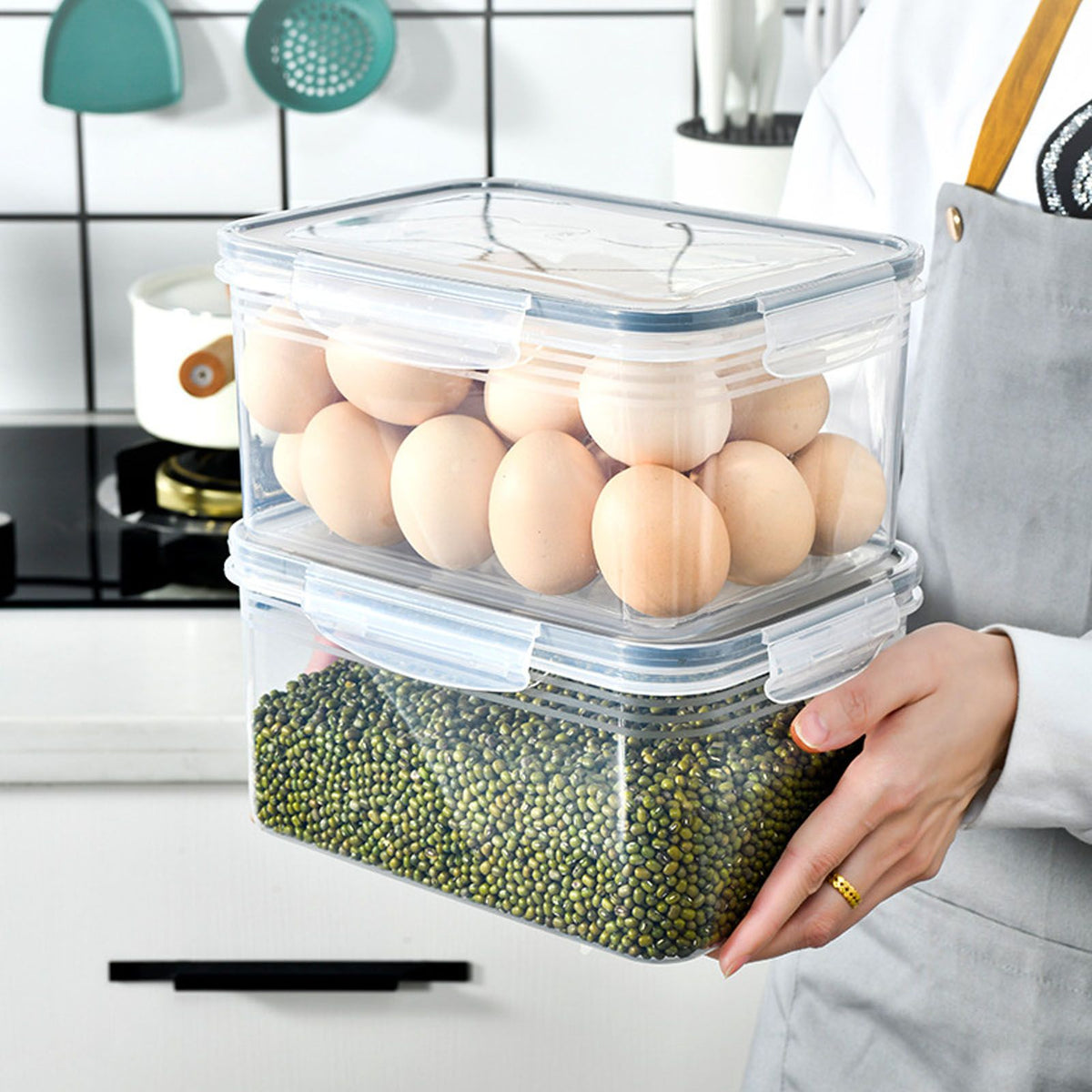 Drain Storage Basket Box in clear plastic with snap-lock lids, stacked and holding brown eggs and green mung beans