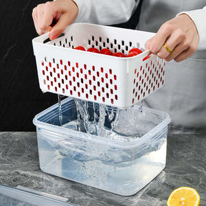 Drain Storage Basket Box with a white perforated basket of red tomatoes draining into a clear container